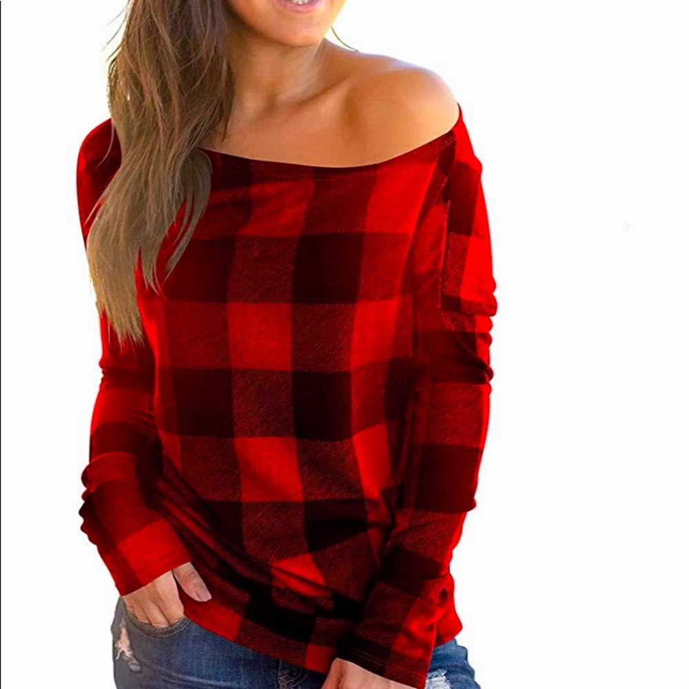 Off Shoulder Top Long Sleeve Plaid Tee Shirt Blouse